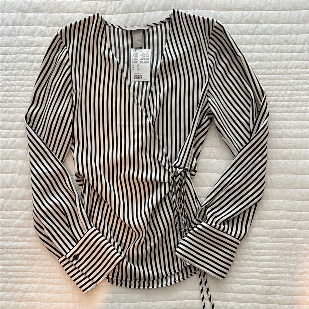 Striped Black and White Wrap Top